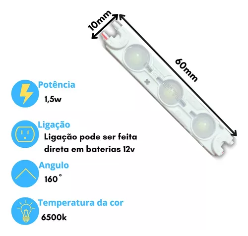 MODULO 3 LEDS 7025 1,5W 6500K IP67 COM LENTE 160° 1 UNIDADE